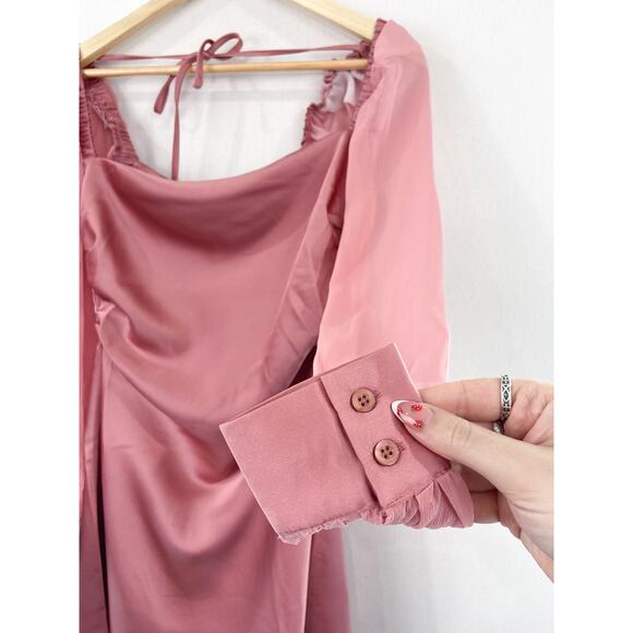 NEW WeWoreWhat Pink Satin Mini Dress size 2 Puff Sleeve Barbie Princess Slip - Picture 7 of 10